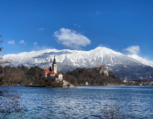 Bled Island with the Karavanke range in the backdrop